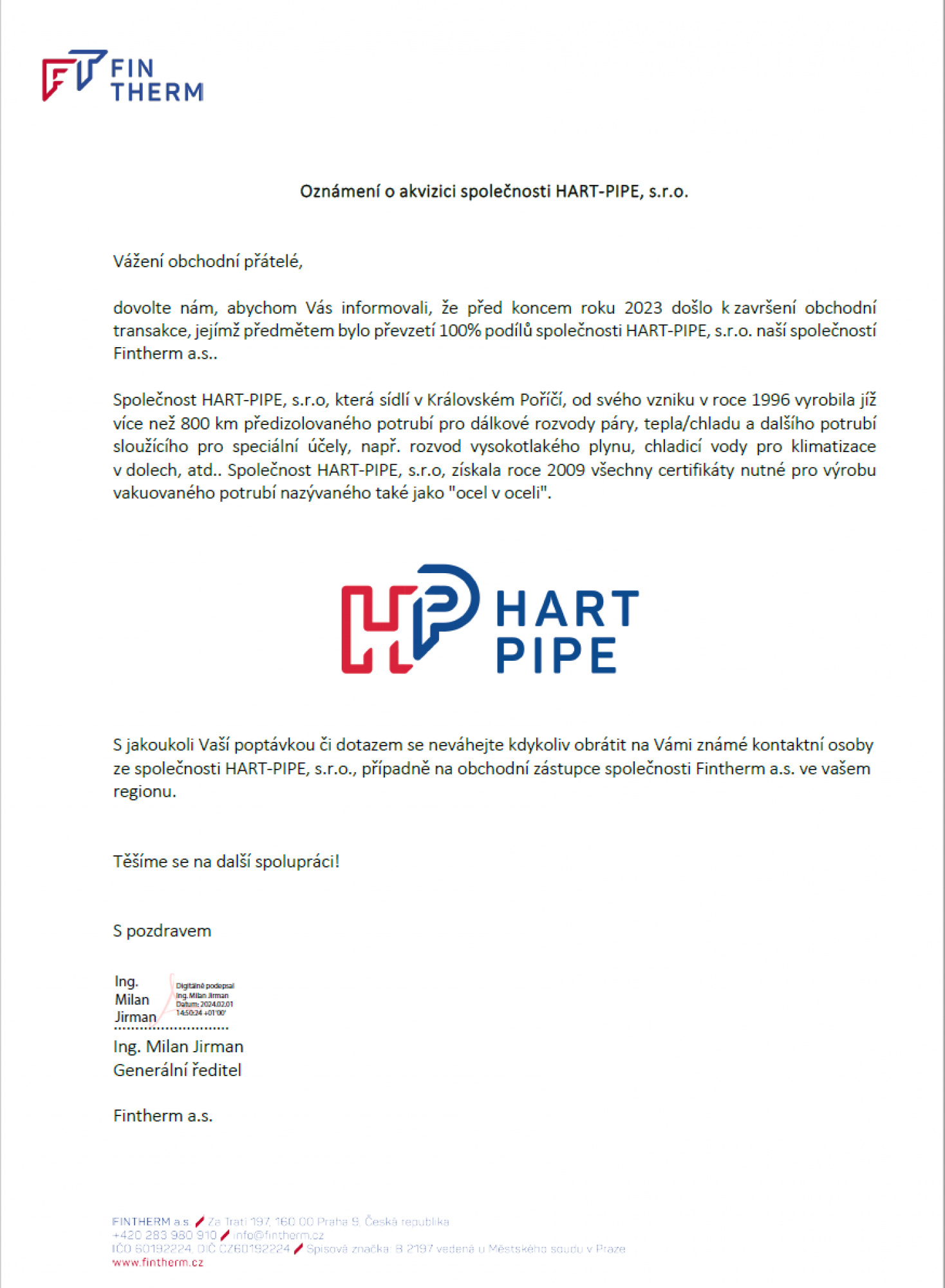 Oznámení o akvizici společnosti HART-PIPE, s.r.o.